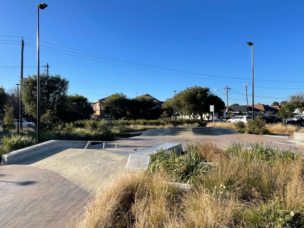 Street Section in Rockdale Skate Park with ledge and rail